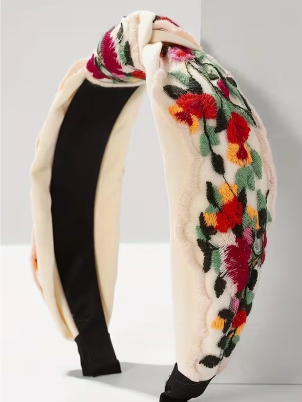 New Embroidered Cream Floral Knot Headband